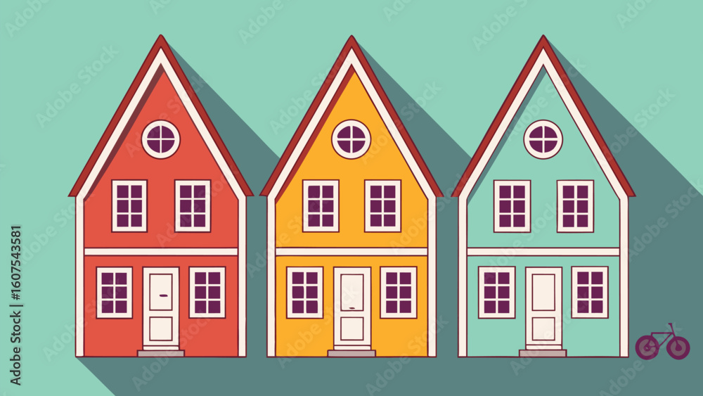 Fototapeta premium Row of Colorful Houses Vector Illustration in Flat Design Style a Charming and Playful Neighborhood Scene with Unique Architecture