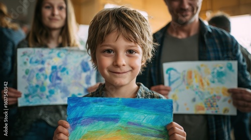 Child proudly displaying artwork