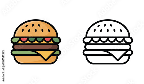 Colorful and Line Art Illustrations of a Delicious Hamburger with Sesame Seed Bun