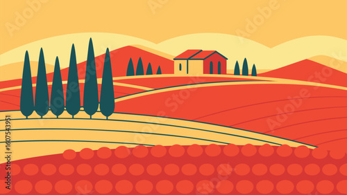 Tuscan Landscape Illustration with Cypress Trees and Vineyards Rural Italy Scenery Calm and Serene Countryside Scene with Farmhouse and Rolling Hills