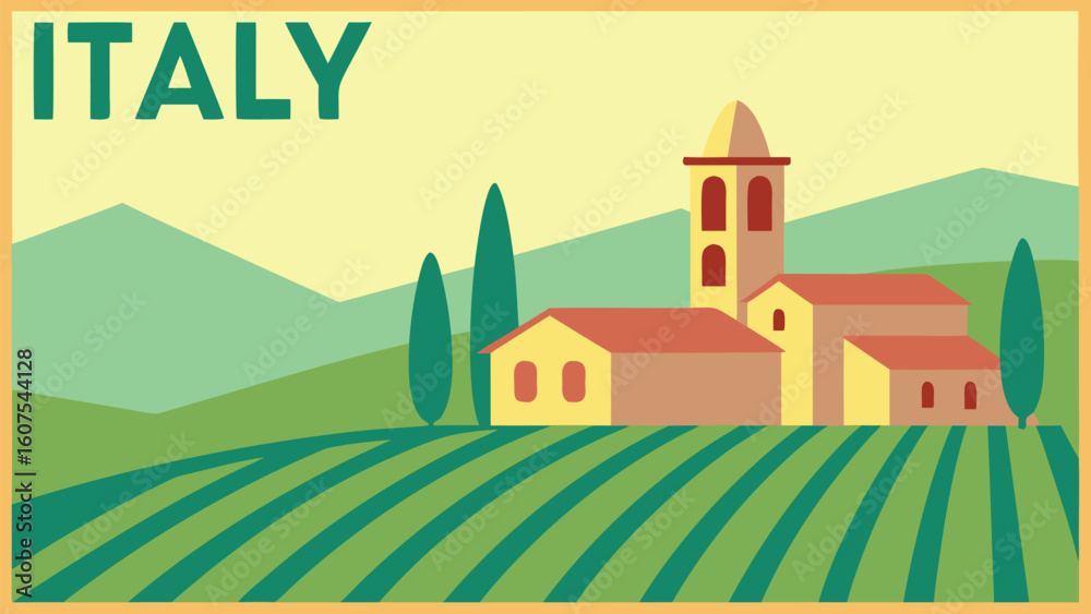 Naklejka premium Vintage Italian Countryside Landscape with Church and Rolling Hills Vector Illustration Ideal for Travel Posters and Tourism Promotion