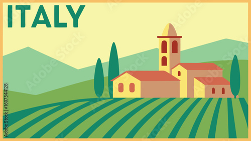 Vintage Italian Countryside Landscape with Church and Rolling Hills Vector Illustration Ideal for Travel Posters and Tourism Promotion