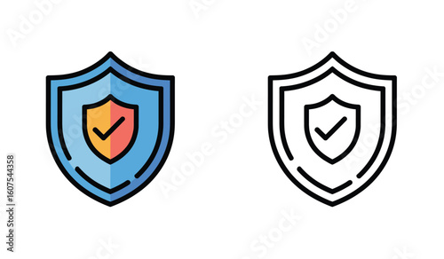Security Shield Icons with Check Mark Protection Symbol Flat and Line Art Style Illustrations