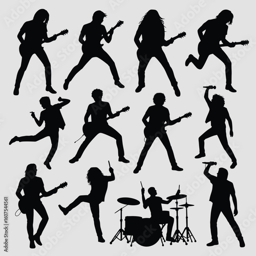 Collection of silhouettes of musicians playing guitars and drums