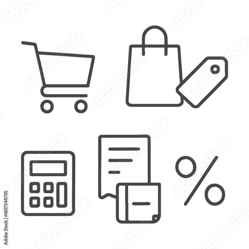 A comprehensive set of shopping icons for web and e-commerce design, featuring cart, basket, bag, and sale symbols