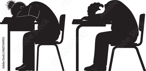Two students slumped over desks in exhaustion silhouette isolated on white background