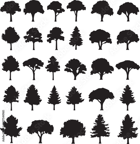 Silhouette Assortment A Diverse Collection of Tree Vectors Against a White Background Depicting Nature and Landscape