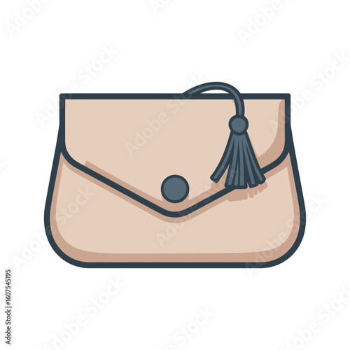 Stylish beige clutch purse with a dark blue tassel and button closure