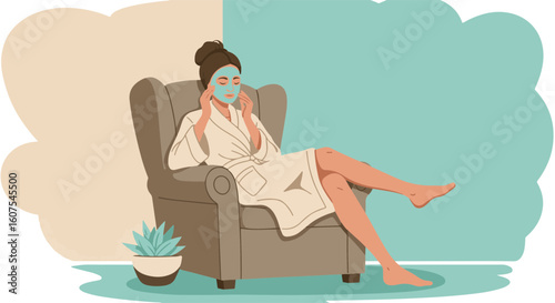 Woman relaxing with face mask in armchair.
