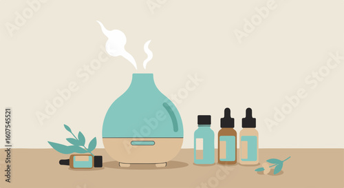 Aromatherapy diffuser with essential oil bottles, representing relaxation, wellness, and natural therapy.