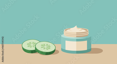 A skincare product with sliced cucumber, evoking freshness and health.