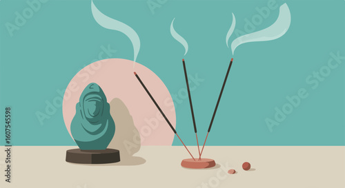 Incense sticks and Buddha statue on the table.