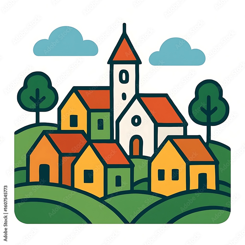 Naklejka premium Cartoon illustration of a vibrant village scene with houses, church, hills, and trees