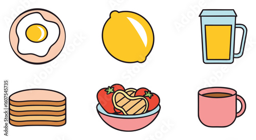 Six breakfast food and drink items fried egg lemon