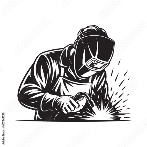 Illustration of a welder working with sparks in black and white style