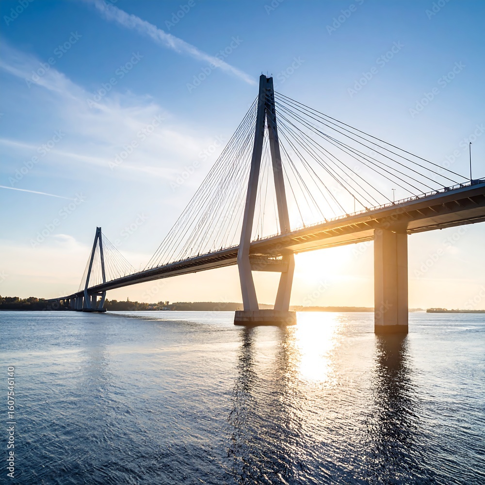 Fototapeta premium Modern cable-stayed bridge at sunset over calm water