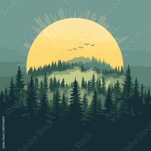 A serene sunrise with golden sunbeams over a dense and misty pine forest landscape with flying birds.