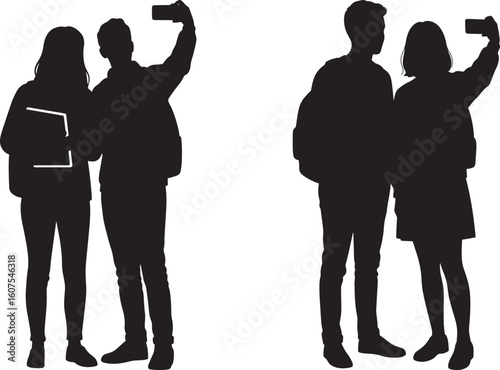 Couple taking selfie silhouette isolated on white background