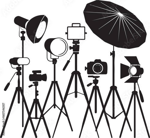 Studio lighting equipment and cameras on stands tripods