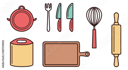 Kitchen utensils flat design with coral and teal accents