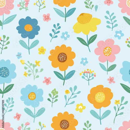 Seamless floral pattern with colorful hand-drawn flowers and leaves on light blue background. Perfect for fabric, kids design, and stationery
