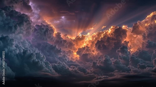 Dramatic Storm Clouds With Sunlight and Lightning in Sky