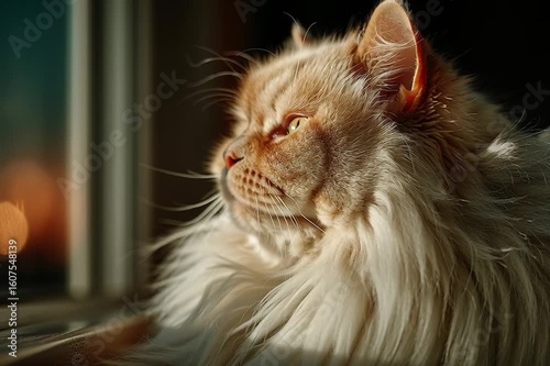 Fluffy Cat Relaxing in Warm Sunlight by Window