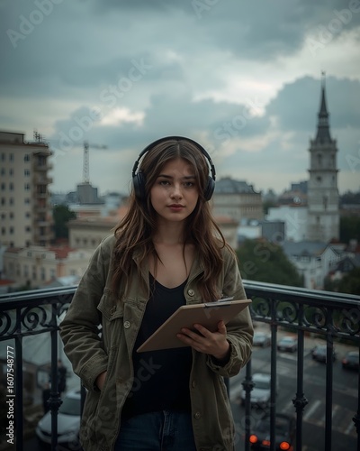 Teen girl sketching on balcony with headphones under cloudy sky, creative mood, AI-generated