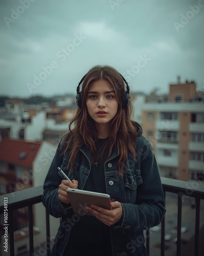 Teen girl sketching on balcony with headphones under cloudy sky, creative mood, AI-generated