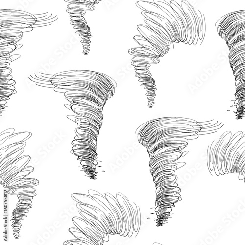 Tornado vector Seamless Pattern. Dynamic Black White Swirl Line Art Repeated print. Hand Drawn Cyclone Sketch for Wallpaper, Urban Streetwear Prints, and Extreme Weather background. Scribble by Ink.