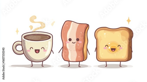 Cartoon breakfast friends coffee mug, bacon strip, and toast slice smiling, holding hands, celebrating morning camaraderie against minimalist white backdrop