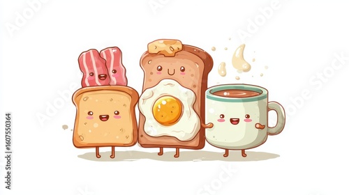 Cheerful breakfast characters socializing, crispy bacon, golden toast, sunny fried egg, and steaming coffee creating playful morning gathering