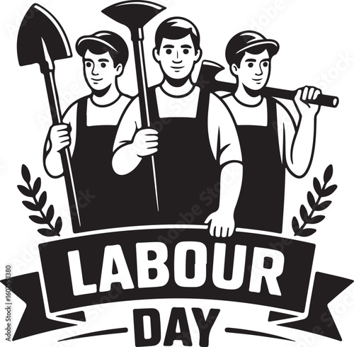 Three workers holding tools and wearing overalls shovel