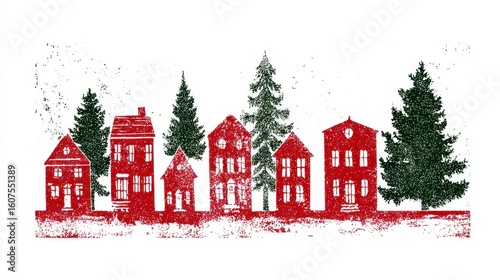 Red houses nestled among green christmas trees generating festive winter landscape, ideal for holiday graphics and seasonal design compositions