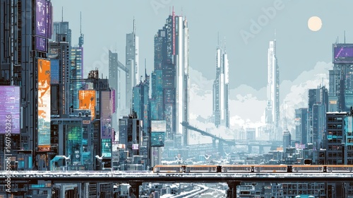 Elevated train gliding through snow covered pixel art metropolis, featuring futuristic skyscrapers, digital billboards, pale winter sky backdrop