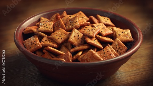 a bowl of chili crackers, food photography,