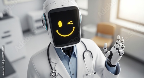 Friendly robot doctor greets with a smile and wink in a modern clinic