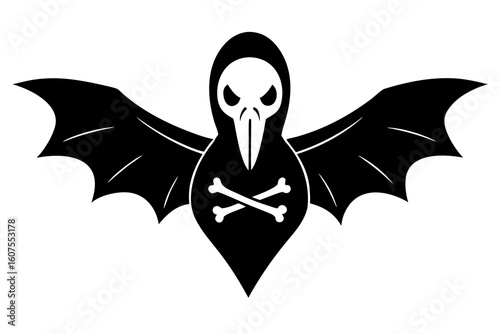 Gothic Plague Doctor with Bat Wings & Skull, Vector Emblem