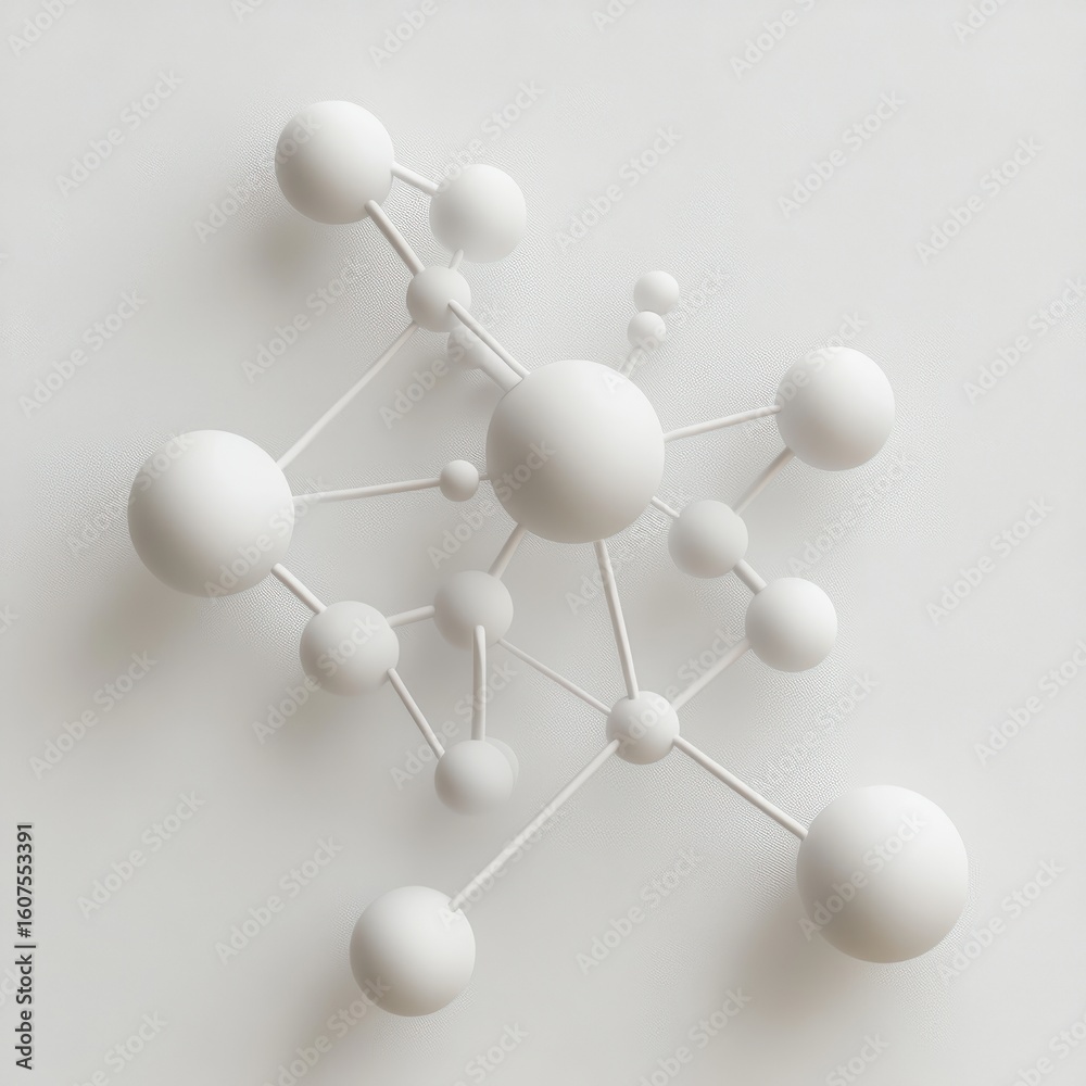 Fototapeta premium Abstract White Molecular Structure. Minimalist 3D Render of Interconnected Spheres, Clean and Modern Design.