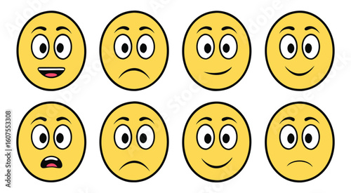 Eight Yellow Emoticons Showing Different Emotions emoji