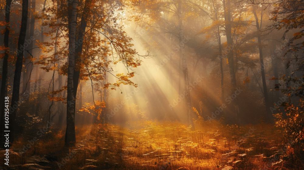 Obraz premium Misty autumn forest at sunrise, golden light filtering through fog, high detail, magical and serene mood, cinematic landscape photography