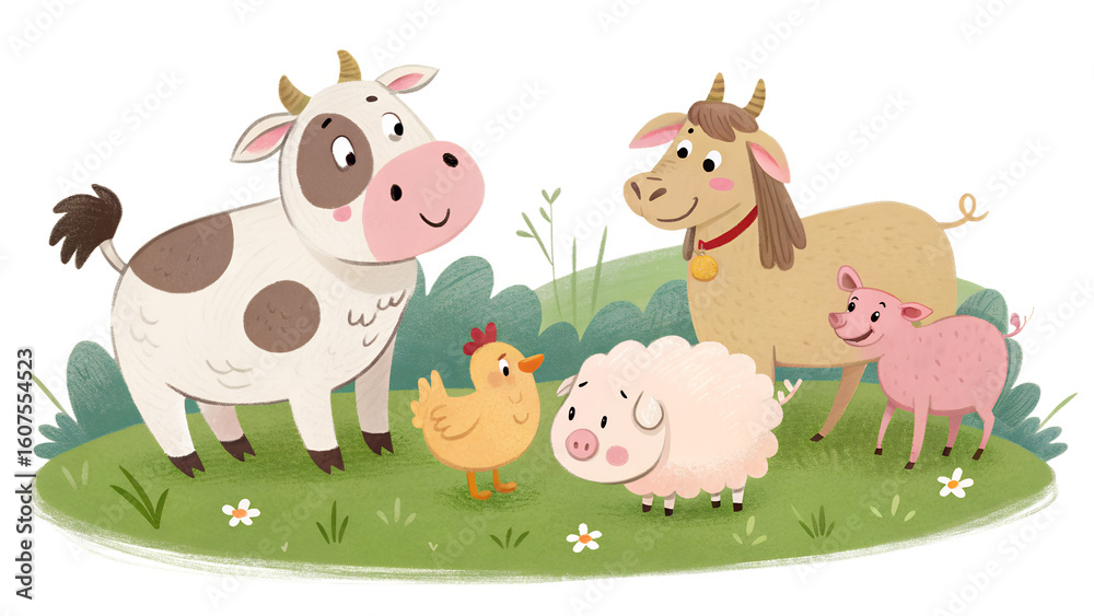 Fototapeta premium A charming group of farm animals including a cow, pig, chicken, sheep, and goat standing together in a green grassy field. The animals are illustrated in a cute, friendly style with rounded shapes and