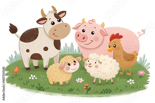 A charming group of farm animals including a cow, pig, chicken, sheep, and goat standing together in a green grassy field. The animals are illustrated in a cute, friendly style with rounded shapes and