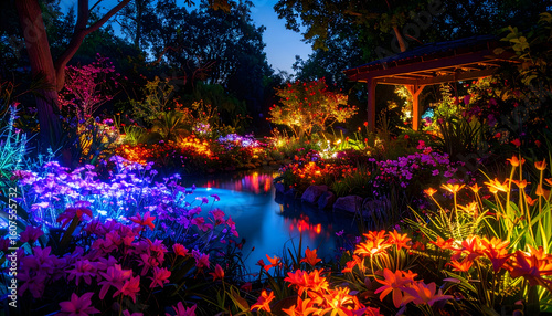 Nighttime illuminated garden