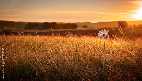 serene wide open field at golden hour with a lone wildflower bathed in soft light