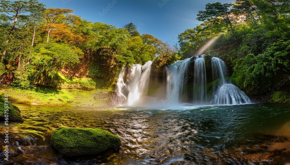 Obraz premium waterfalls with their cascading wonders are living embodiment of nature evaporation and precipitation dance as they draw boundless energy and vibrant vitality from sun to sustain their flow