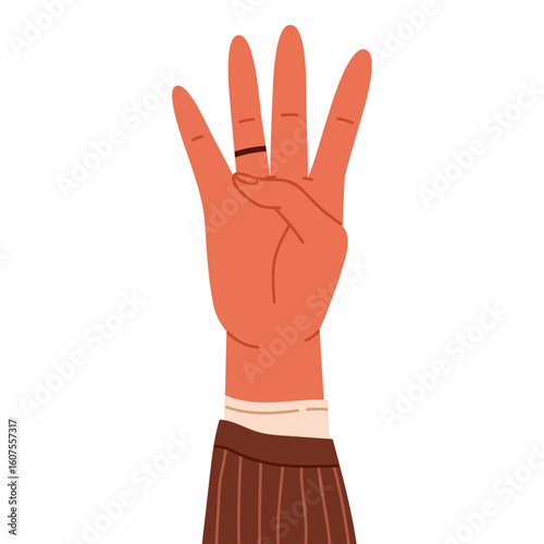 Human hand showing number four with four fingers raised. Finger-counting. Math and education. Sign language or counting concept. Vector illustration in cartoon style. Isolated on white