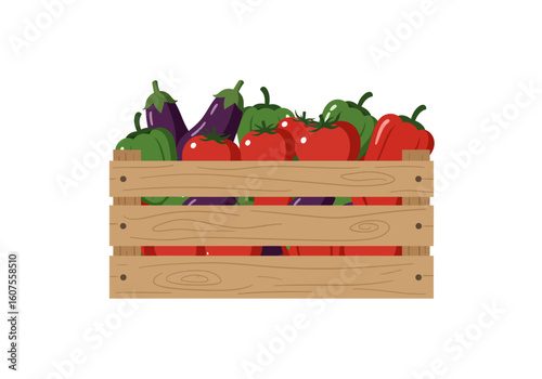 A wooden crate filled with colorful vegetables eggplants tomatoes and green and red peppers