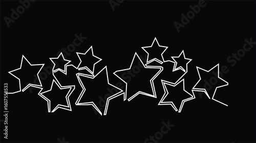 Christmas composition with stars. Hand drawing continues one single line. Vector stock illustration isolated on black background for invitation, card, presentation, frame or border on black background