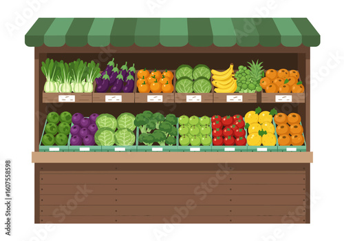 Fruitsvegetables on a produce stand bok choy eggplant tangerines cabbage bananas pineapples oranges Brussels sprouts plums broccoli apples tomatoes lemons